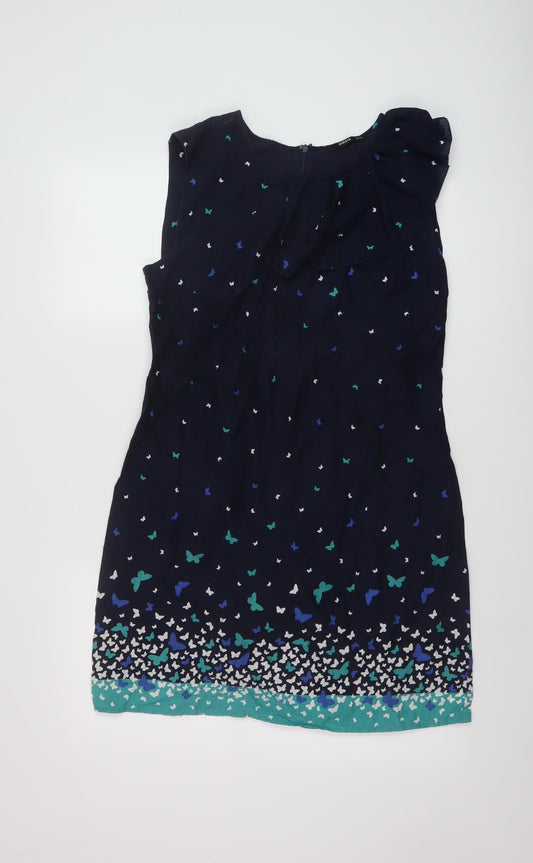 Oasis Womens Blue Geometric Cotton A-Line Size 12 Round Neck Zip