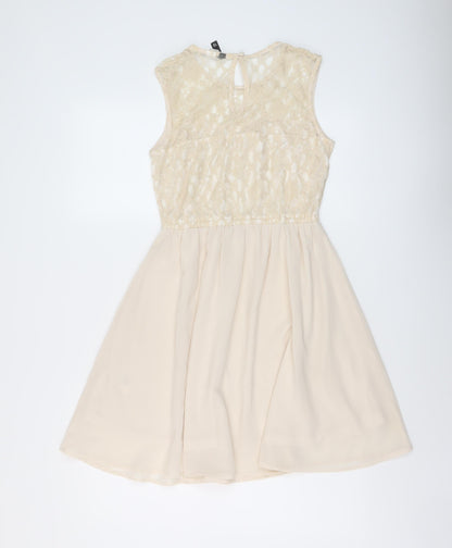 H&M Womens Beige Polyester A-Line Size 10 Round Neck Button