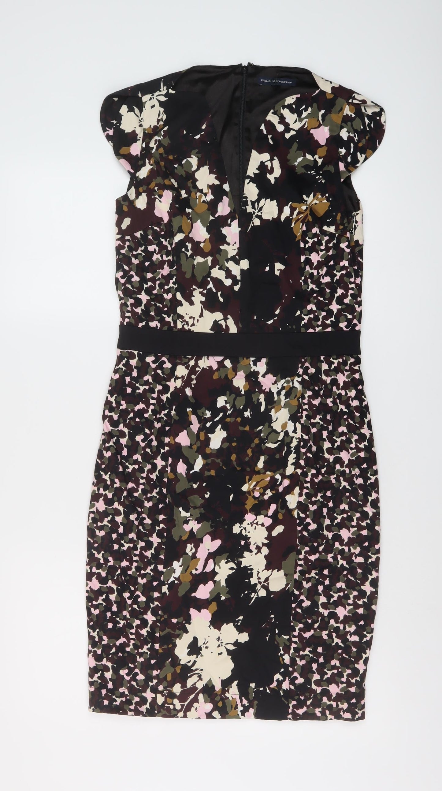 French Connection Womens Multicoloured Geometric Cotton Sheath Size 10 V-Neck Zip