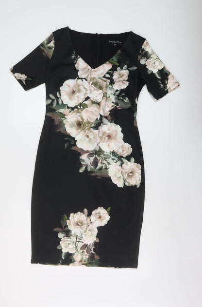 Dorothy Perkins Womens Black Floral Polyester Sheath Size 12 V-Neck Zip
