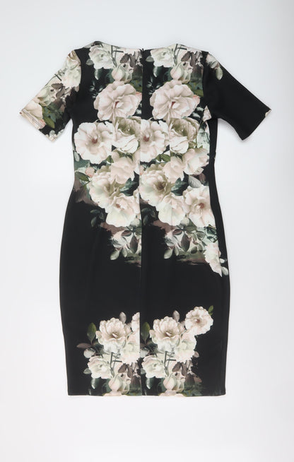 Dorothy Perkins Womens Black Floral Polyester Sheath Size 12 V-Neck Zip