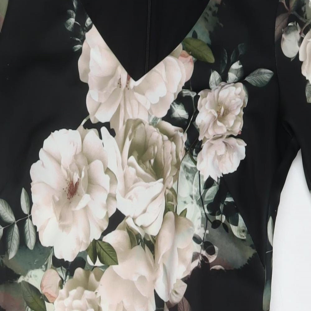 Dorothy Perkins Womens Black Floral Polyester Sheath Size 12 V-Neck Zip
