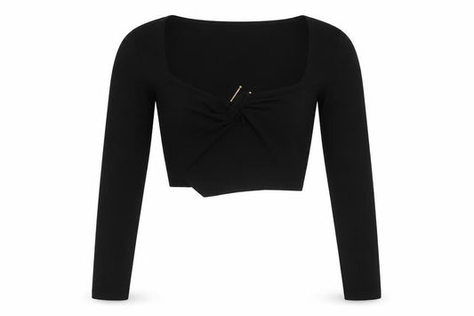 Front view of ASOS women’s black polyester cropped blouse, size UK 8, scoop neck