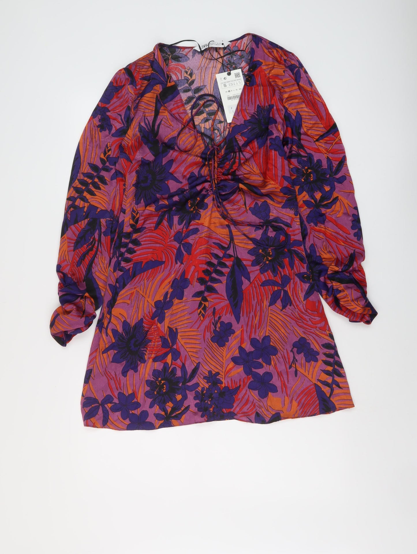 Zara Womens Multicoloured Floral Polyester Mini Size S V-Neck Zip