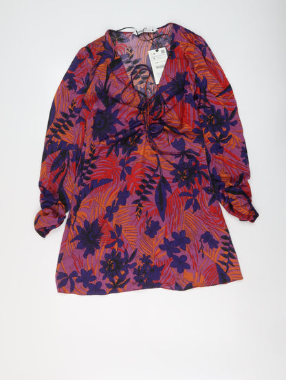 Zara Womens Multicoloured Floral Polyester Mini Size S V-Neck Zip