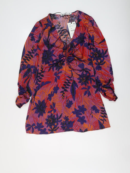 Zara Womens Multicoloured Floral Polyester Mini Size S V-Neck Zip