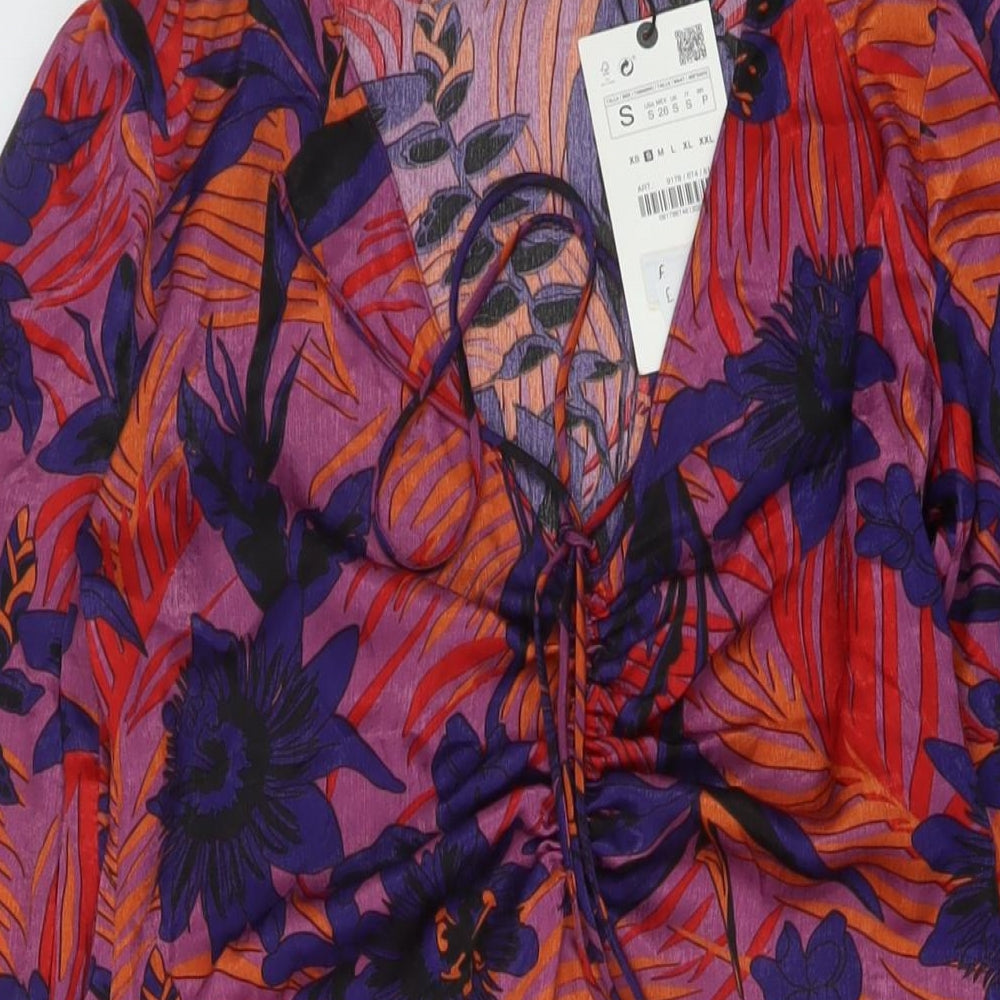 Zara Womens Multicoloured Floral Polyester Mini Size S V-Neck Zip