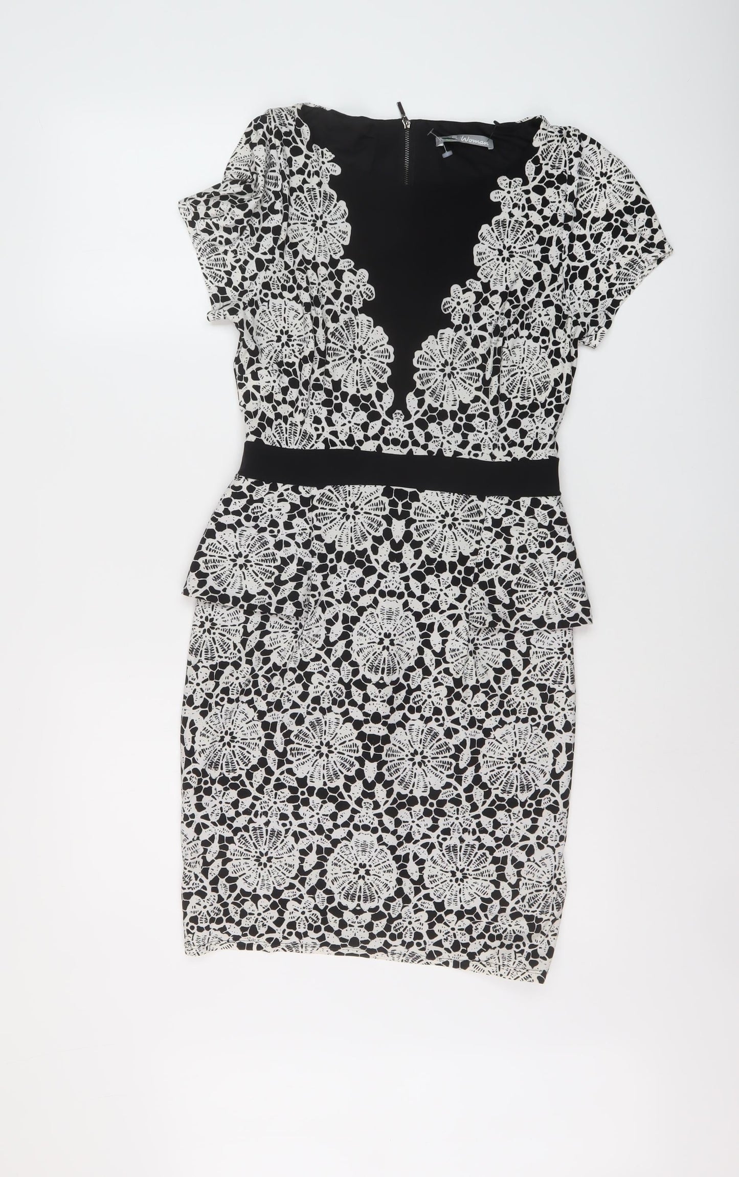 Marks and Spencer Womens Black Geometric Polyester Bodycon Size 8 Round Neck Zip
