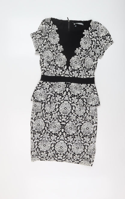 Marks and Spencer Womens Black Geometric Polyester Bodycon Size 8 Round Neck Zip