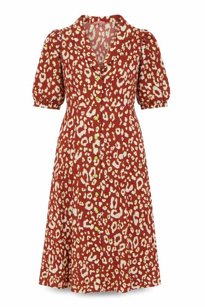 Kitiri Womens Brown Animal Print Polyester A-Line Size 8 V-Neck Button