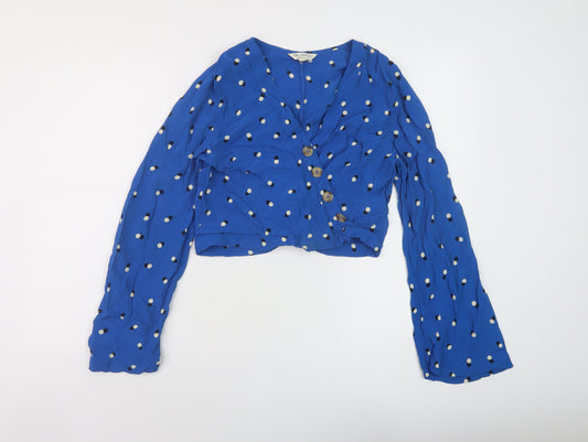 Miss Selfridge Womens Blue Polka Dot Viscose Cropped Blouse Size 10 V-Neck