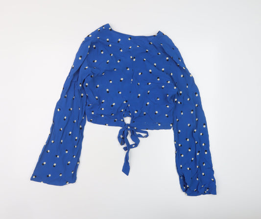 Miss Selfridge Womens Blue Polka Dot Viscose Cropped Blouse Size 10 V-Neck
