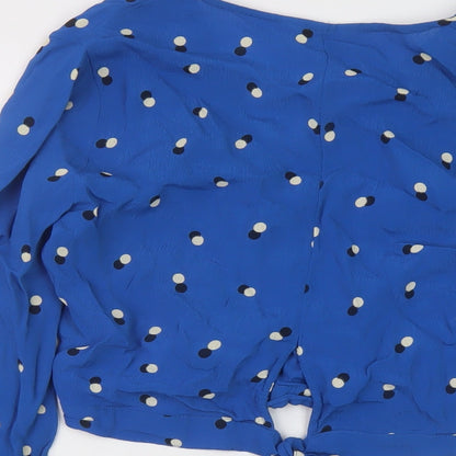 Miss Selfridge Womens Blue Polka Dot Viscose Cropped Blouse Size 10 V-Neck