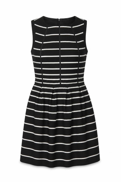 Oasis Womens Beige Striped Polyester A-Line Size 8 Round Neck Zip