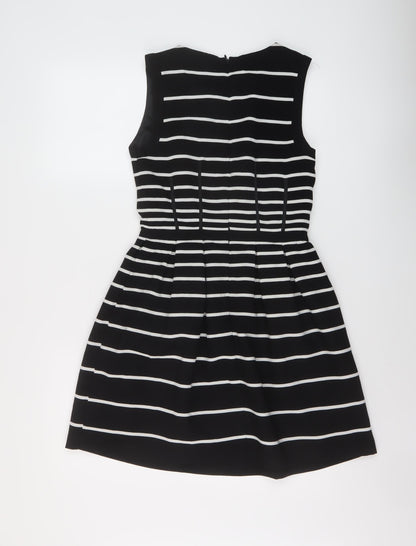 Oasis Womens Beige Striped Polyester A-Line Size 8 Round Neck Zip