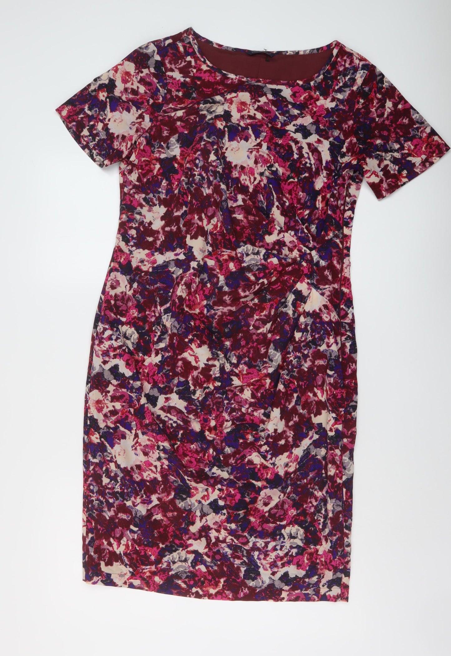 Marks and Spencer Womens Red Geometric Polyester Sheath Size 12 Round Neck Zip