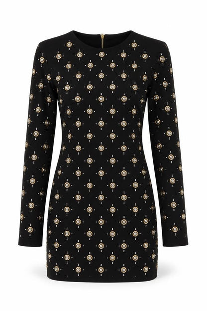Front view of Ah Polly women’s black polyester bodycon, size UK 10, round neck zip