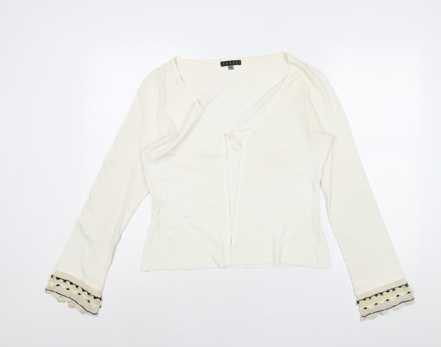 Coast Womens Ivory V-Neck Acrylic Cardigan Jumper Size 14 - Frill Crochet Sleeve
