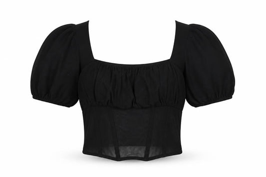 Front view of ASOS women’s black cotton cropped blouse, size UK 6, square neck - mesh corset detail