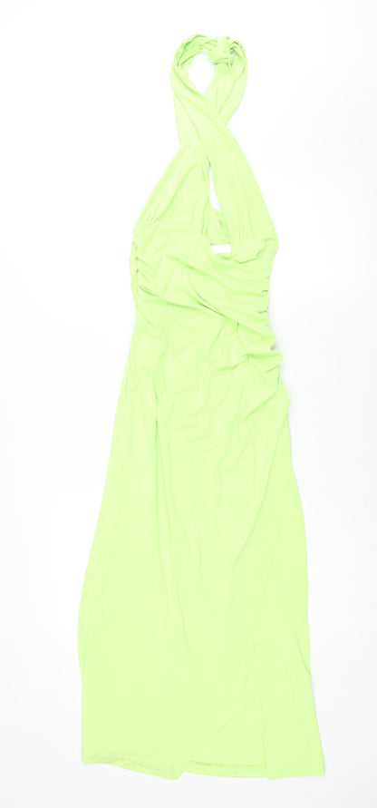 Zara Womens Green Polyester Maxi Size M Halter Tie - Rouched