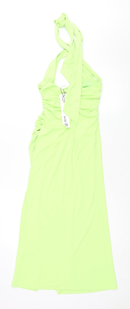 Zara Womens Green Polyester Maxi Size M Halter Tie - Rouched