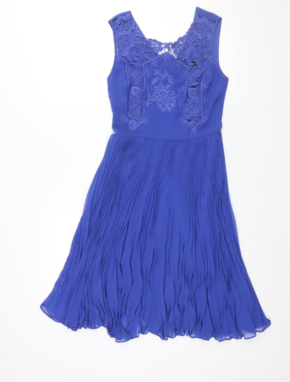 Oasis Womens Blue Polyester Sheath Size 8 Round Neck Zip - Lace Detail Pleated