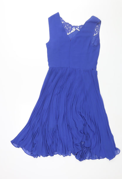 Oasis Womens Blue Polyester Sheath Size 8 Round Neck Zip - Lace Detail Pleated