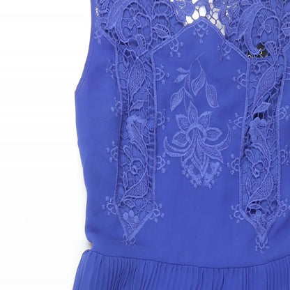 Oasis Womens Blue Polyester Sheath Size 8 Round Neck Zip - Lace Detail Pleated