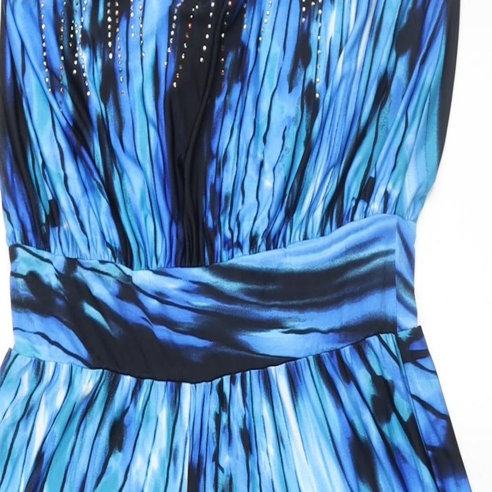 S-Twelve Womens Blue Geometric Polyester Jumpsuit One-Piece Size S L29 in Pullover - Rhinestone Detail