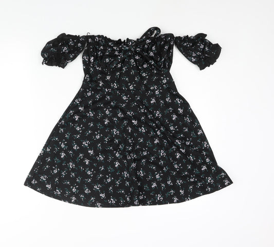 PRETTYLITTLETHING Womens Black Floral Polyester A-Line Size 10 Off the Shoulder Pullover - Bow