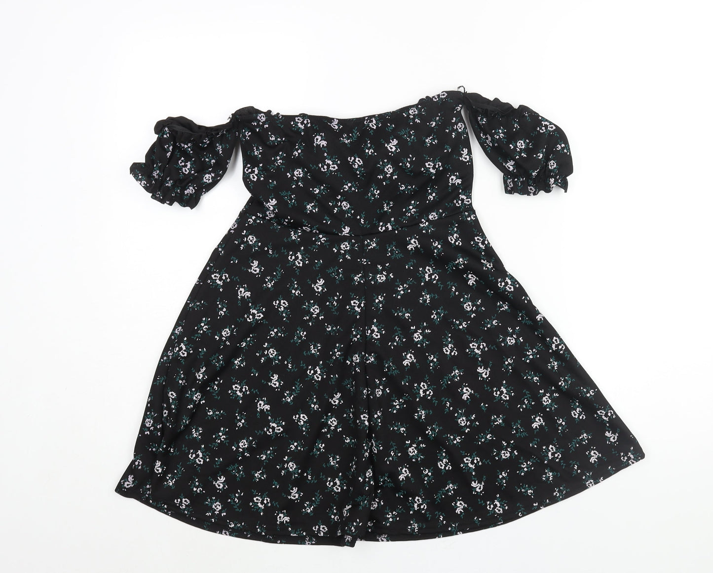 PRETTYLITTLETHING Womens Black Floral Polyester A-Line Size 10 Off the Shoulder Pullover - Bow