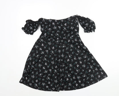 PRETTYLITTLETHING Womens Black Floral Polyester A-Line Size 10 Off the Shoulder Pullover - Bow