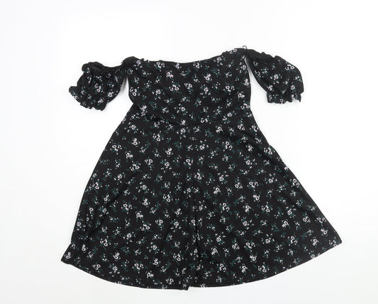 PRETTYLITTLETHING Womens Black Floral Polyester A-Line Size 10 Off the Shoulder Pullover - Bow