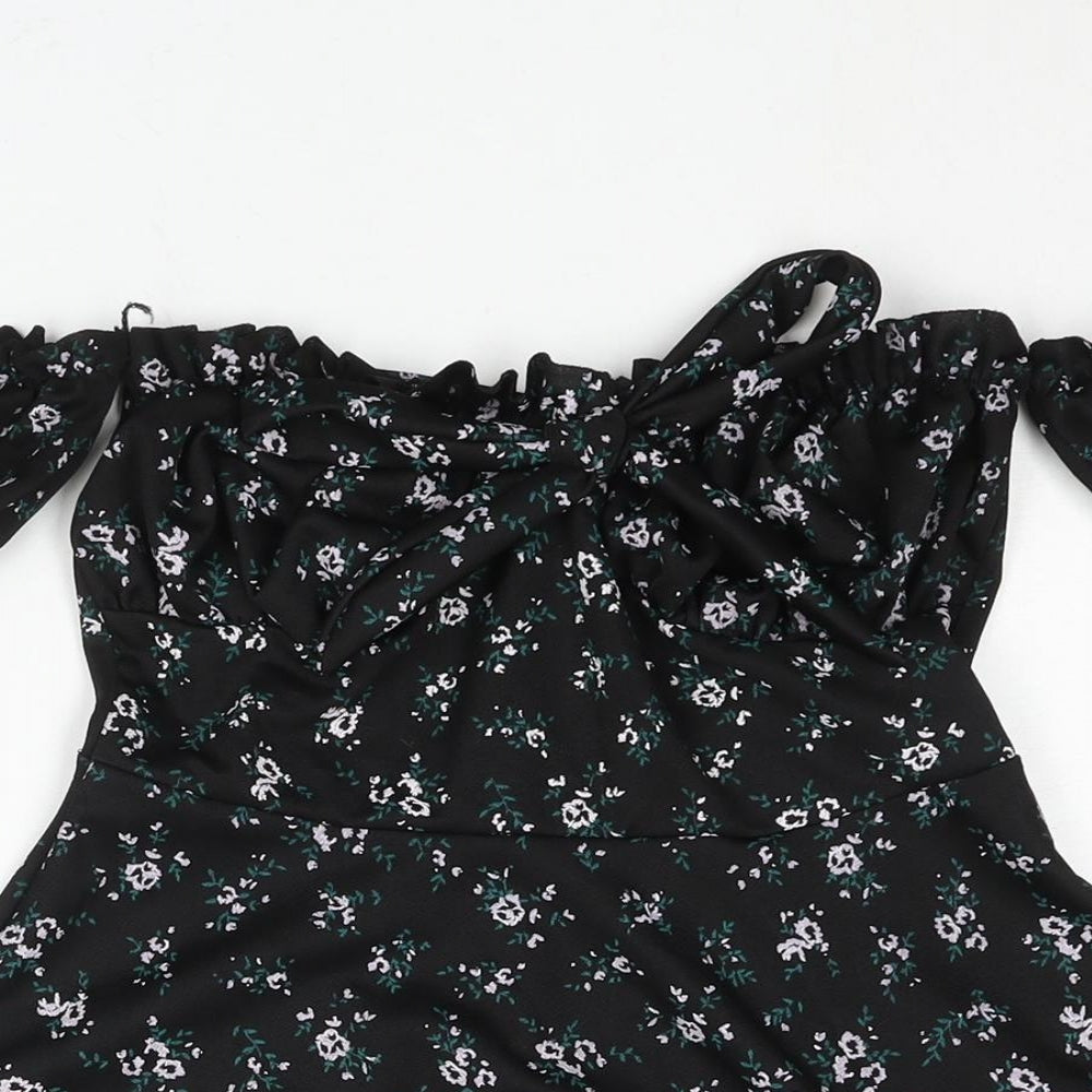 PRETTYLITTLETHING Womens Black Floral Polyester A-Line Size 10 Off the Shoulder Pullover - Bow