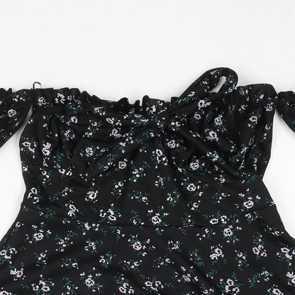 PRETTYLITTLETHING Womens Black Floral Polyester A-Line Size 10 Off the Shoulder Pullover - Bow