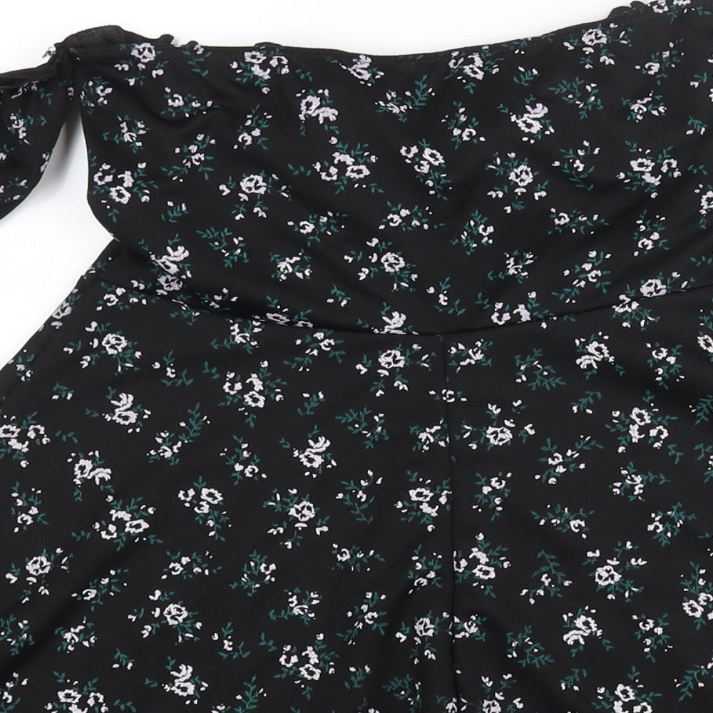 PRETTYLITTLETHING Womens Black Floral Polyester A-Line Size 10 Off the Shoulder Pullover - Bow