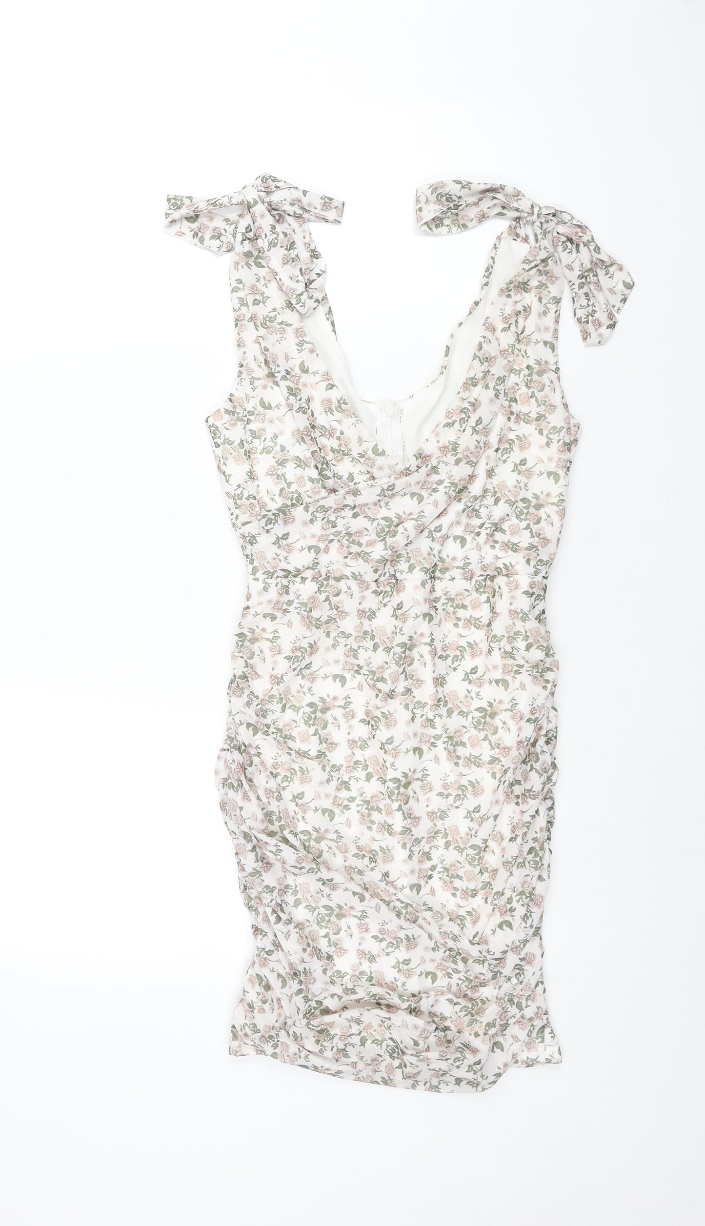 PRETTYLITTLETHING Womens Multicoloured Floral Polyester Mini Size 10 V-Neck Zip - Rouched Bow