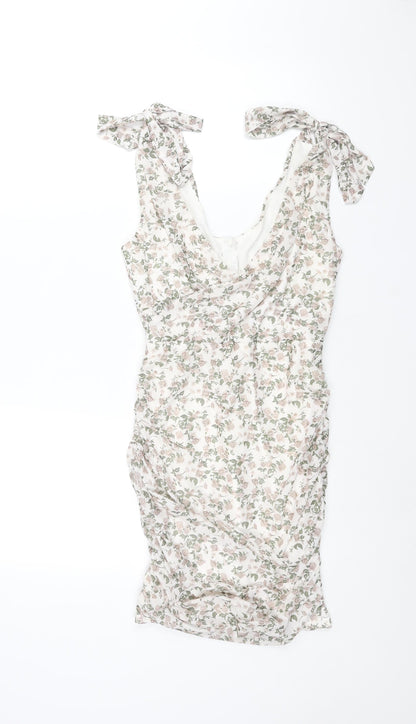 PRETTYLITTLETHING Womens Multicoloured Floral Polyester Mini Size 10 V-Neck Zip - Rouched Bow