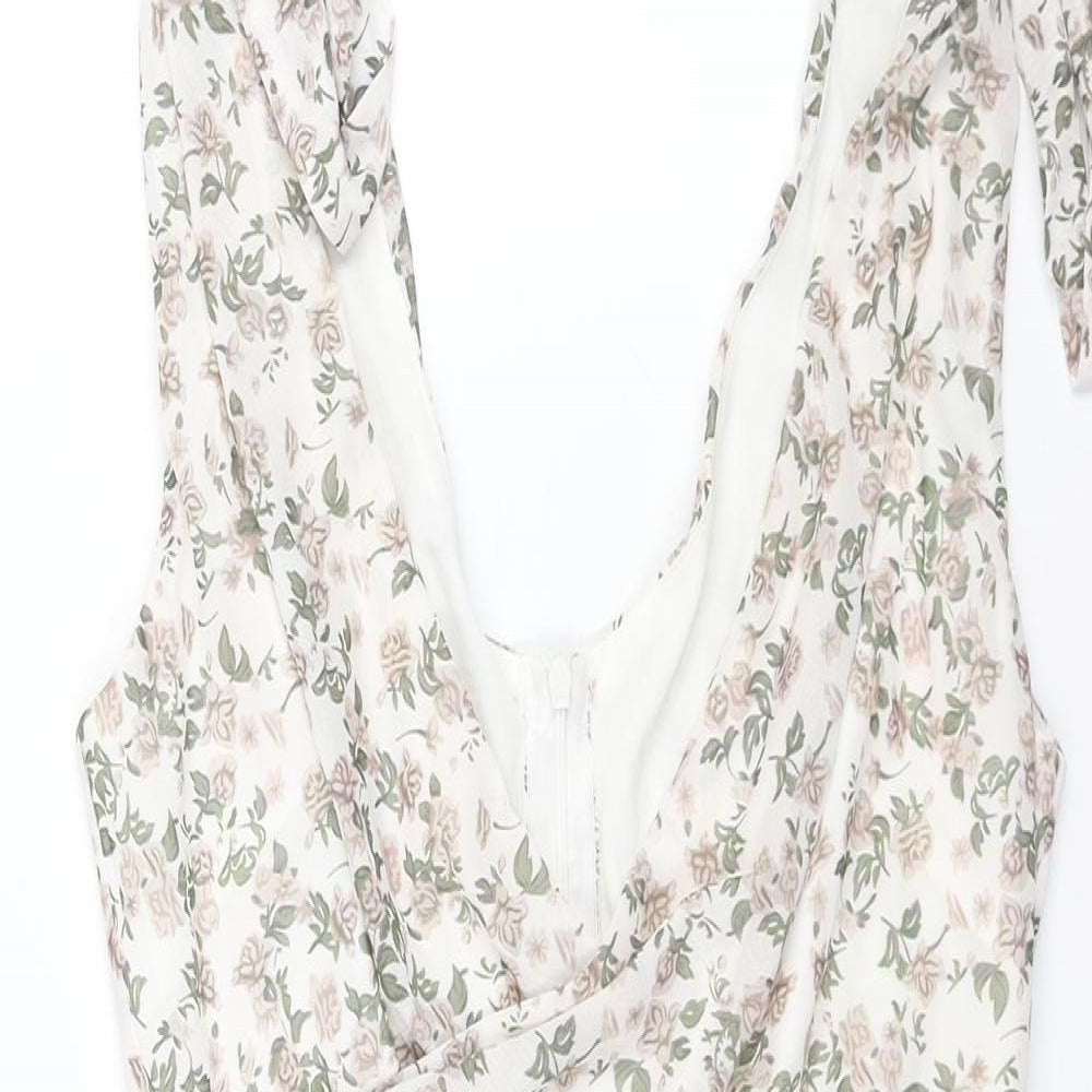 PRETTYLITTLETHING Womens Multicoloured Floral Polyester Mini Size 10 V-Neck Zip - Rouched Bow