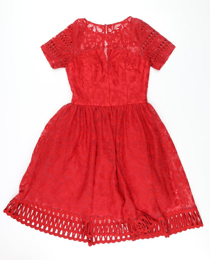 Chi Chi Womens Red Floral Polyester Fit & Flare Size 10 Round Neck Zip - Lace Detail Embroidered