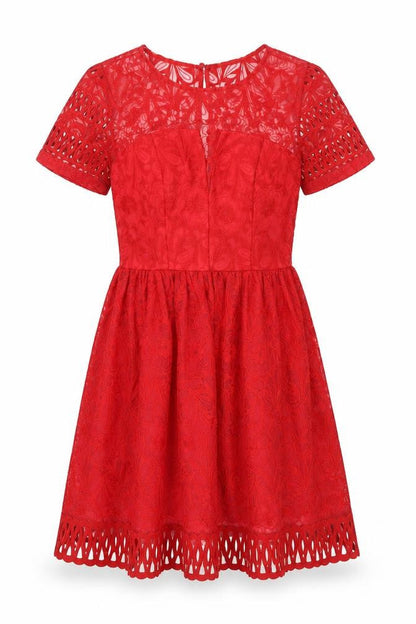 Chi Chi Womens Red Floral Polyester Fit & Flare Size 10 Round Neck Zip - Lace Detail Embroidered