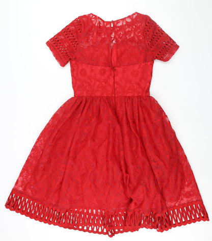 Chi Chi Womens Red Floral Polyester Fit & Flare Size 10 Round Neck Zip - Lace Detail Embroidered