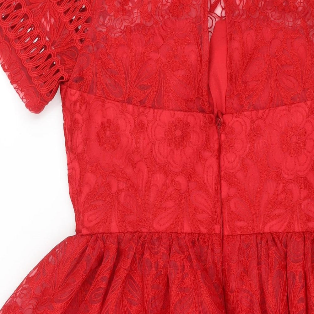 Chi Chi Womens Red Floral Polyester Fit & Flare Size 10 Round Neck Zip - Lace Detail Embroidered