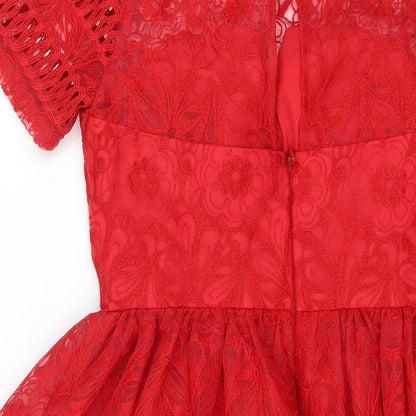 Chi Chi Womens Red Floral Polyester Fit & Flare Size 10 Round Neck Zip - Lace Detail Embroidered