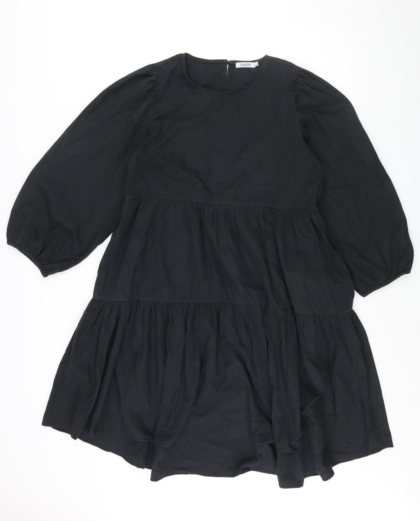 Oasis Womens Black Cotton Sheath Size L Round Neck Button - Smocked