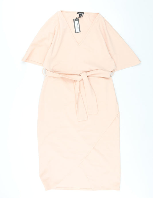 Boohoo Womens Pink Polyester Shift Size 14 V-Neck Pullover - Belted Batwing Sleeve