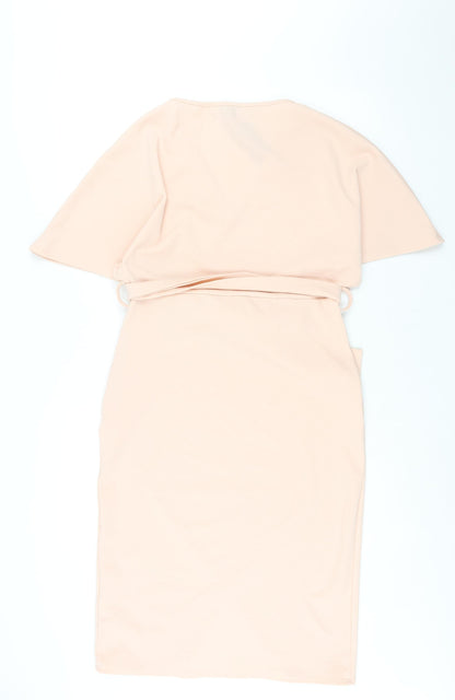 Boohoo Womens Pink Polyester Shift Size 14 V-Neck Pullover - Belted Batwing Sleeve