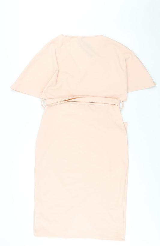 Boohoo Womens Pink Polyester Shift Size 14 V-Neck Pullover - Belted Batwing Sleeve