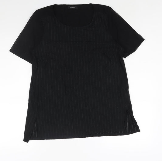 Autograph Womens Black Striped Viscose Basic Blouse Size 14 Round Neck - Mesh Sleeves