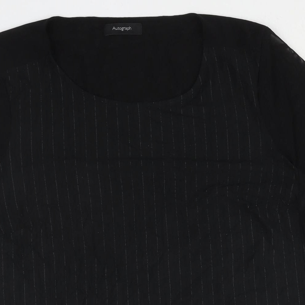 Autograph Womens Black Striped Viscose Basic Blouse Size 14 Round Neck - Mesh Sleeves